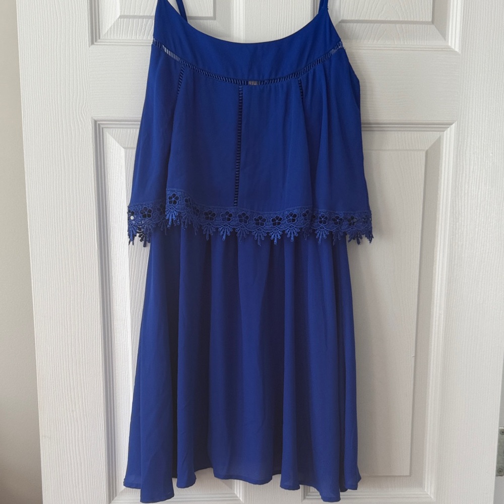 Blue Sleeveless Dress with Lace Trim